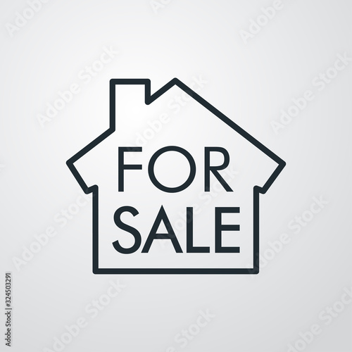 Icono plano lineal casa con texto FOR SALE en fondo gris