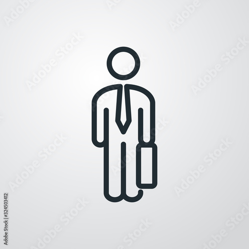 Símbolo hombre de negocios. Hombre con maletín. Icono plano lineal en fondo gris