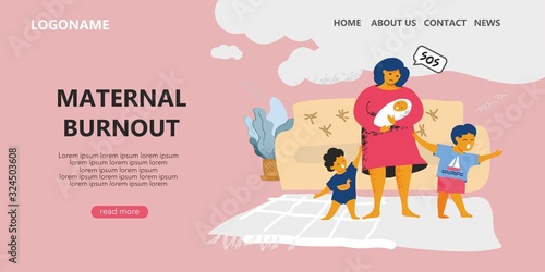 Landing page template about mom's emotional burnout and postpartum depression. A lonely sad woman with three crying children over whom the clouds hung. Banner about sress at home. Vector illustration.