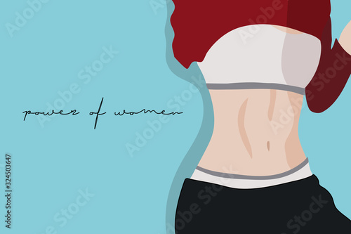 Power of women, slim belly of girl loss weight on blue pastel background.