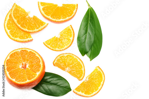 sliced orange with green leaf isolated on white background top view