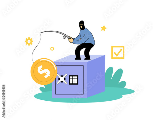 Masked robber with a fishing rode standing on top of big safe box. Banking crime, theft concept. Cartoon flat vector illustration. Isolated on white background.