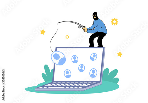 Masked robber with a fishing rode stealing data from mobile device. Concept of hacker attack, fraud, phishing, hacking. Cartoon flat vector illustration. Isolated on white background.