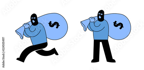 Masked thief or bank robber carrying a sack of money and running away, Cartoon character set of two. Cartoon flat vector illustration. Isolated on white background.