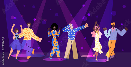 Nightclub party scene with people characters in sketch style vector illustration.