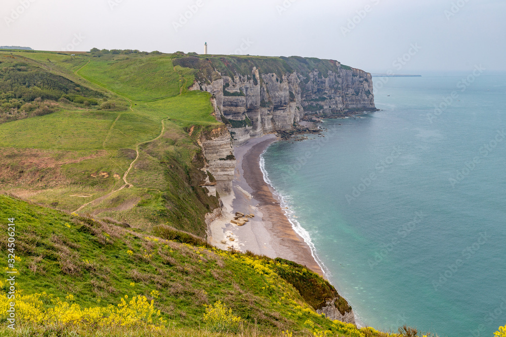 Rocks on the coast of the English channel strait. Etretat village, Normandy region, France.