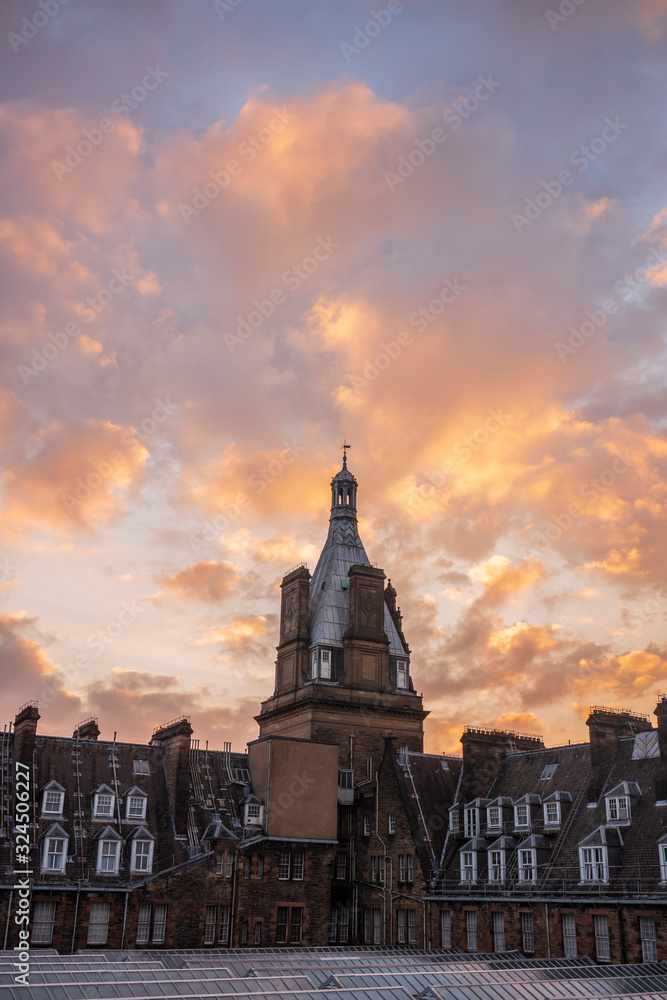 The clouds glow during a sunset near in the Glasgow Central Station in Glasgow, Scotland, which is particularly noted for its 19th-century Victorian architecture.