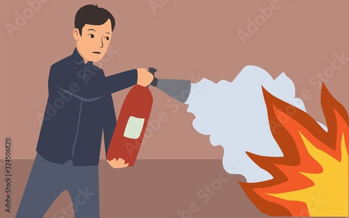 Young man with a fire extinguisher in hands extinguishes fire in apartment. Fire safety measures. Cartoon flat vector illustration. Horizontal.