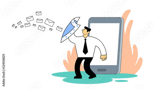Businessman protecting himself with a shield against unwanted mail. Spam, antispam protection. Cartoon flat vector illustration. Isolated on white background.