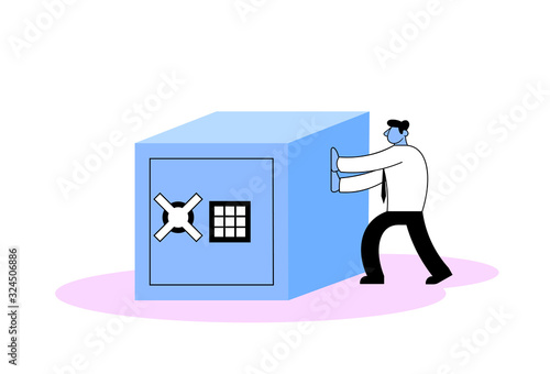 Businessman pushing big safe box. Cartoon flat vector illustration. Isolated on white background.
