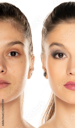 Comparison portrait of same woman before and after makeover