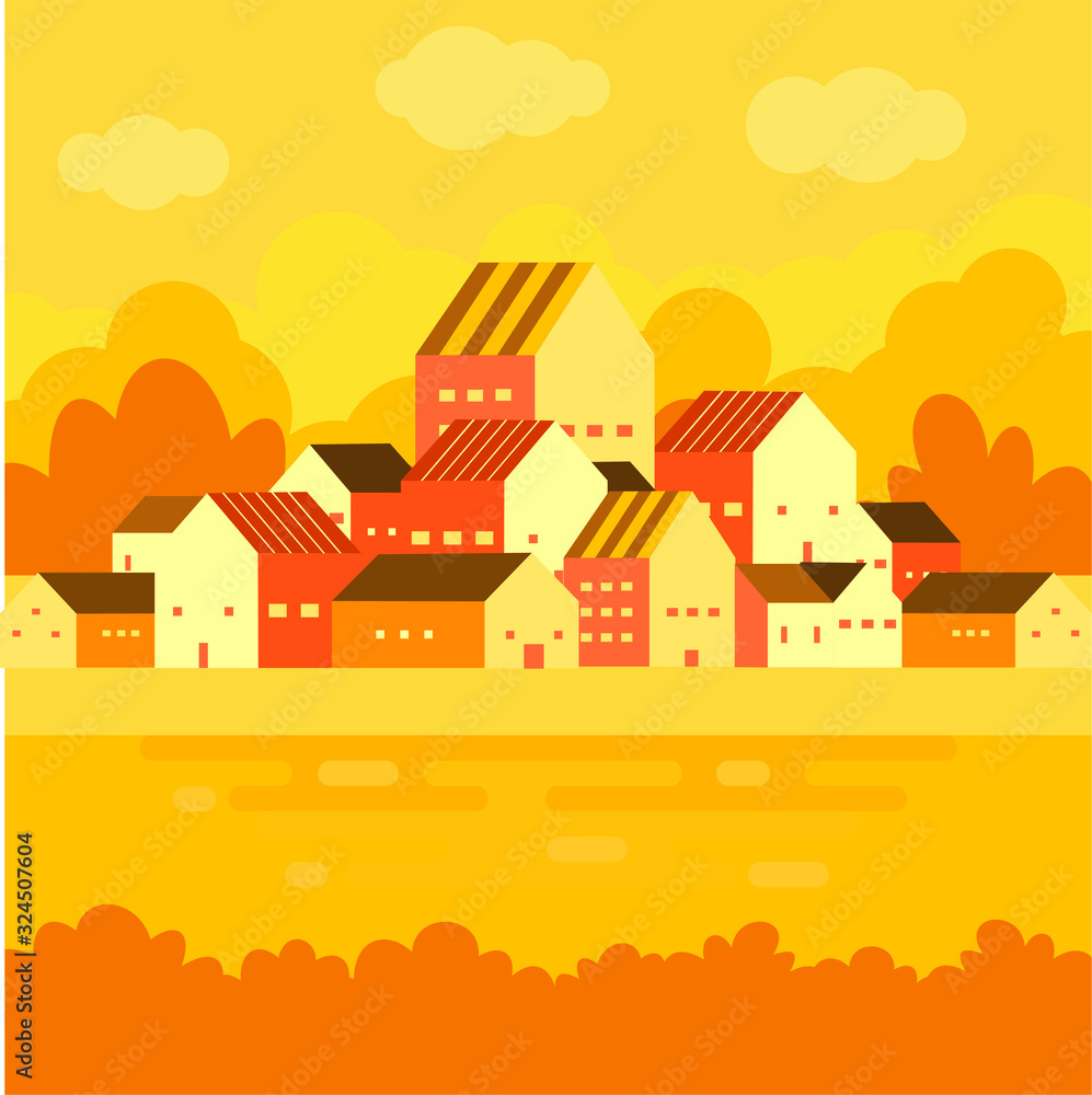 village and hills flat landscape.Flat design rural landscape illustration with a country house, arable land, hills and mountains.  village scene country side view