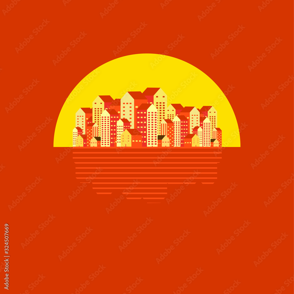 city/urbanscape flat design vector illustration. city flat background at afternoon,  scene about city with red sun and bulding, can use for wallpaper, global warming, pollution issue, thermal, poster