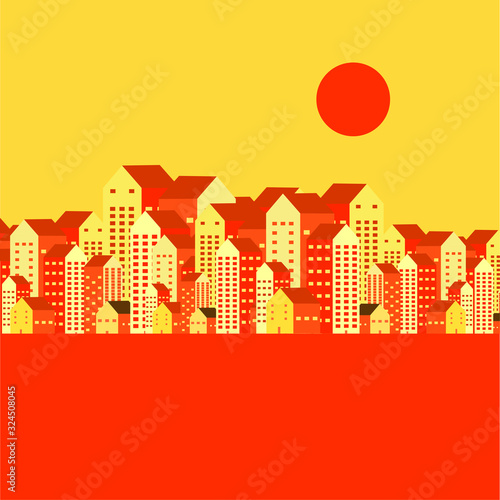 city/urbanscape flat design vector illustration. city flat background at afternoon,  scene about city with red sun and bulding, can use for wallpaper, global warming, pollution issue, thermal, poster