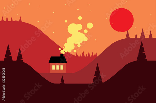 Mountains and hills at night landscape flat design. A mountain group and hills at night- Flat design landscape  Hill background with house at fullmoon can use for wallpaper  background  card  website
