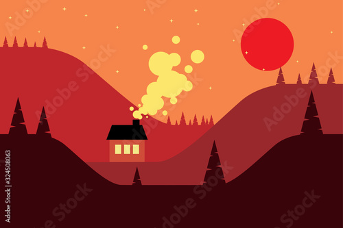 Mountains and hills at night landscape flat design. A mountain group and hills at night- Flat design landscape, Hill background with house at fullmoon can use for wallpaper, background, card, website