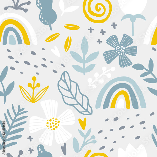 Rainbow floral seamless pattern. Abstract tile in hand-drawn simple doodle cartoon style. Scandinavian vector illustration in blue yellow pastel palette