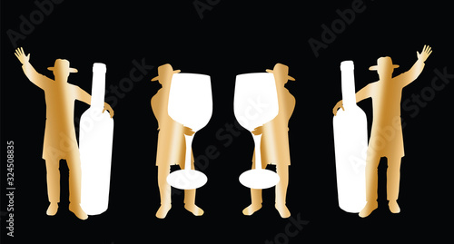 4 orthodox Hasidic Jews dancing in gold. They hold wine bottles and white glass jars. Vector drawing on a black background. Suitable for Purim, Passover and Simchat Torah (Jewish holiday).