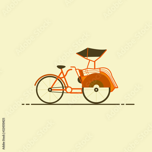 traditional  rickshaw indonesia, becak is traditional chart. Yogyakarta, Java flat style vector illustration 