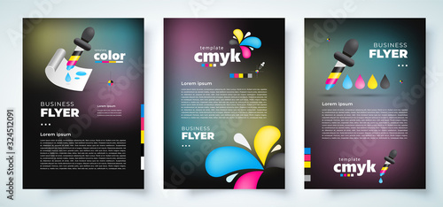 Flyer set cmyk polygraphy theme black background cover