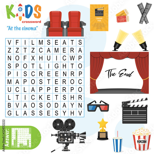 Easy word search crossword puzzle 'At the cinema', for children in elementary, primary and middle school. Fun way to practice language comprehension and expand vocabulary. Includes answers.