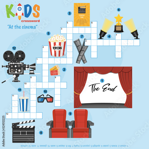 Easy crossword puzzle 'At the cinema', for children in elementary, primary and middle school. Fun way to practice language comprehension and expand vocabulary. Includes answers.
