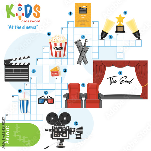 Easy crossword puzzle 'At the cinema', for children in elementary, primary and middle school. Fun way to practice language comprehension and expand vocabulary. Includes answers.
