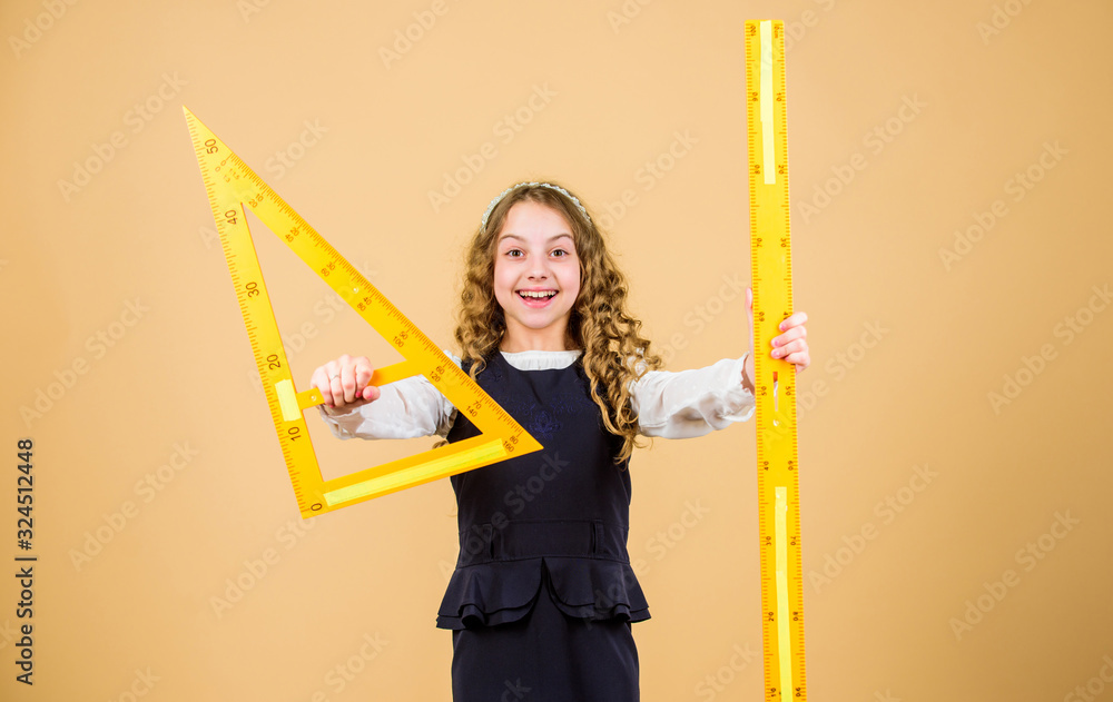 Kid school uniform hold ruler. Geometry school subject. Education and