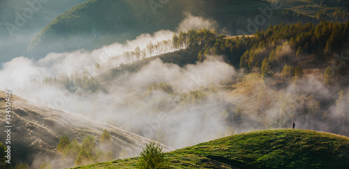 Fototapeta Naklejka Na Ścianę i Meble -  Banner of beautiful misty and foggy morning in golden hour on a peaceful meadow.