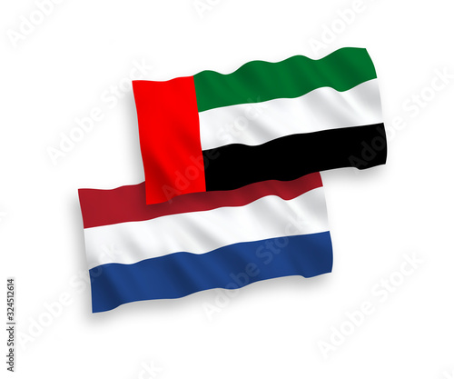 Flags of United Arab Emirates and Netherlands on a white background