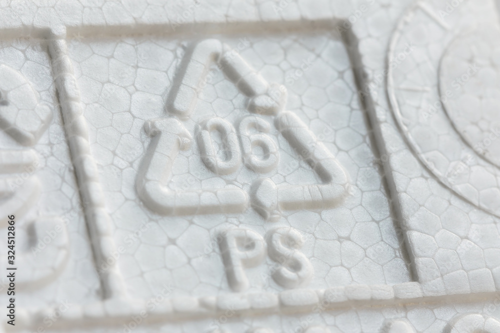 Styrofoam recycling symbol PS 06, recycle arrow triangle, six type logo