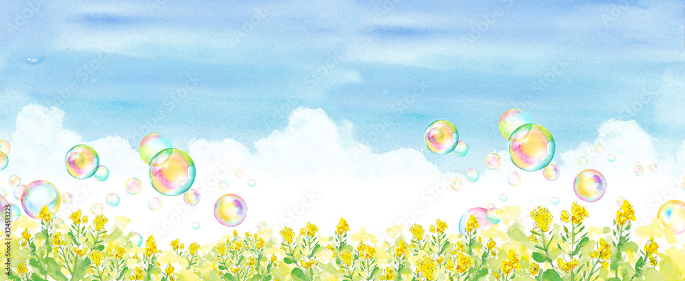 青空と菜の花畑とシャボン玉 水彩イラスト Stock イラスト Adobe Stock