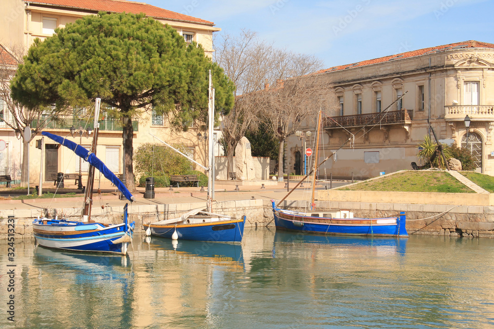 Fototapeta premium Traditional boats in Frontignan, a seaside resort in the Mediterranean sea, Herault, Occitanie, France