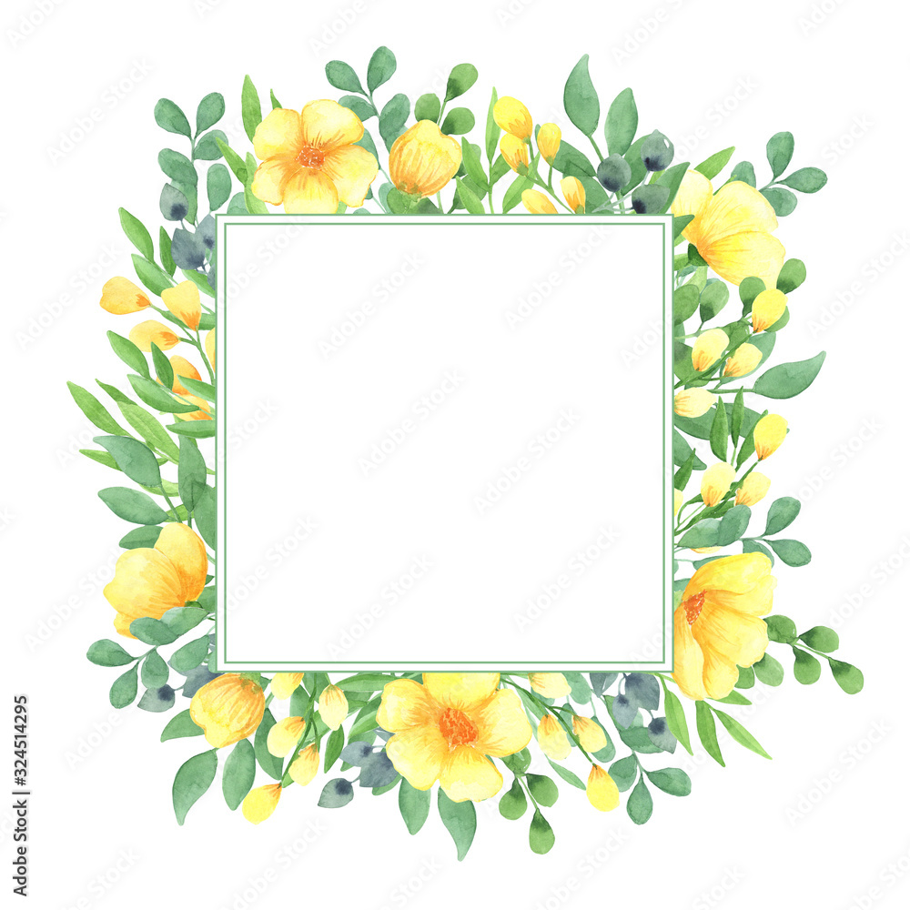 watercolor illustration square frame with yellow flowers and green leaves on a white background. spring summer mood. space for text. cards,design,wedding, greetings, wallpaper background.