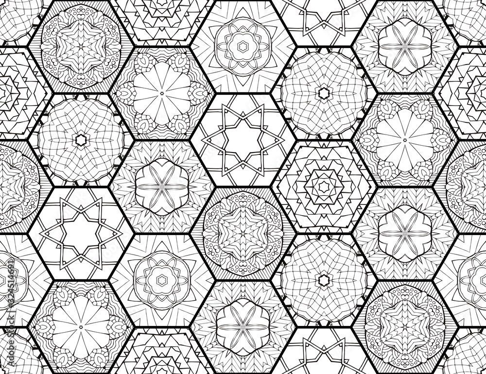 Seamless pattern with black and white hexagonal tiles. Patchwork background. Beautiful ornament with oriental motifs.