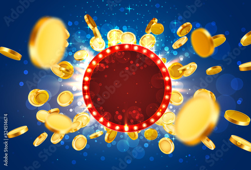 Casino lamp frame with gold realistic 3d coins background.