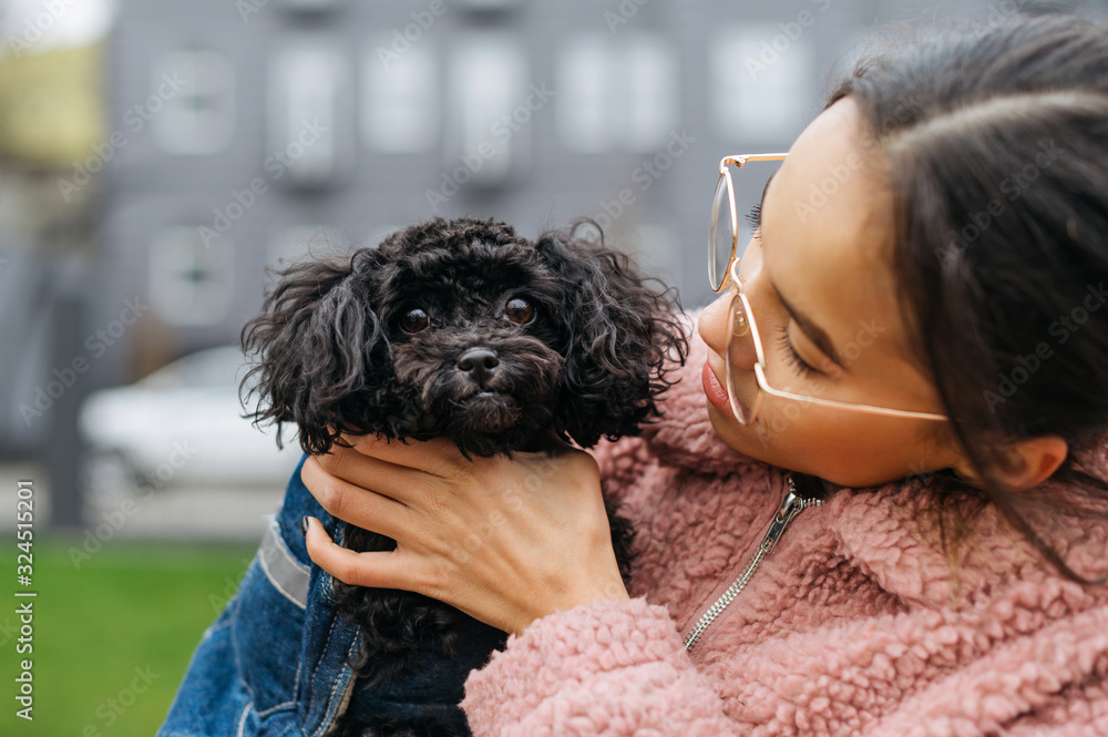 Closeup photo of a cute dog breed toy poodle in the hands of an attractive girl. A woman in glasses and a pink coat holds a funny puppy in her hand. Owner walks with her pet on the streets. Closeup photo of a cute dog breed toy poodle in the hands of an attractive girl. A woman in glasses and a pink coat holds a funny puppy in her hand. Owner walks with her pet on the streets.