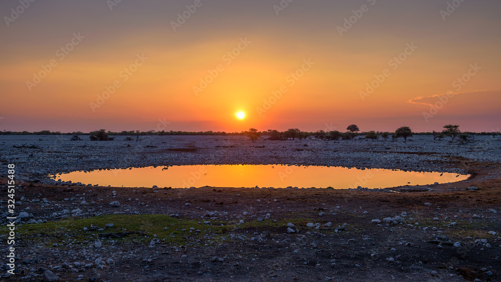 Obraz premium Sunset over the waterhole of Okaukuejo Camp in Etosha, Namibia