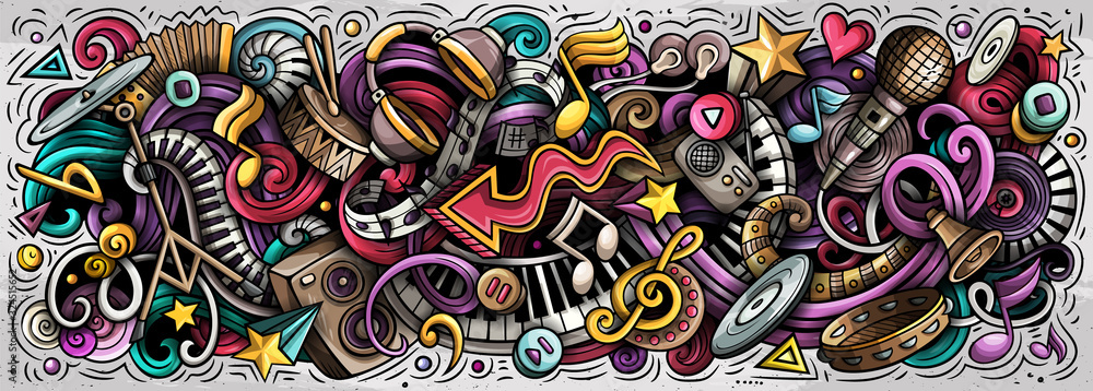 Fototapeta Music hand drawn cartoon doodles illustration. Colorful vector banner