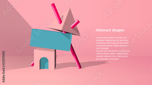 Abstract 3D objects or elements installation balancing in the pink room for a booklet of banner