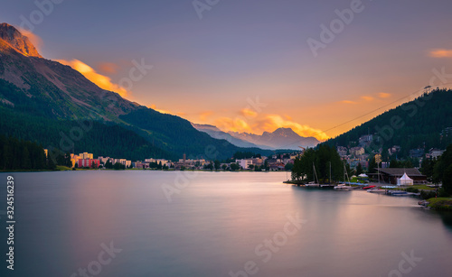 Sunset above St. Moritz with lake and Swiss Alps in Switzerland photo