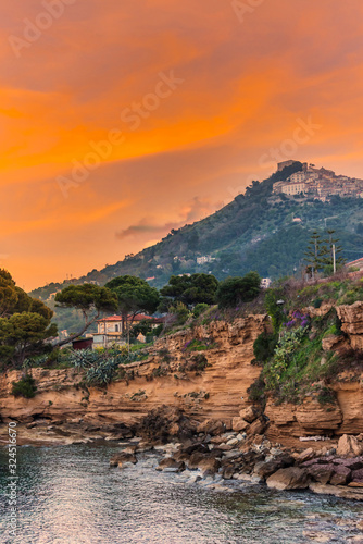 Orange Sunset over a Southern Italian Mediterranean Coastal Village