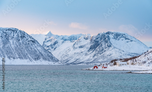 Winter landscape on Vengsøy Island in northern Norway near Tromsoe