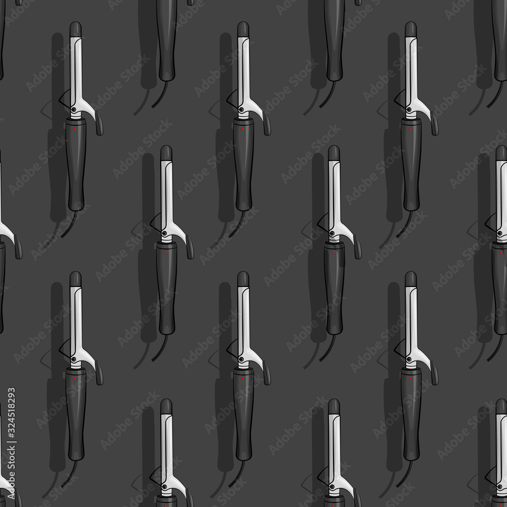 Curling irons icon for hair. For mobile and web apps. Pattern repeat seamless. For web and mobile on background. Hair curler. Stylish pattern on a gray background. Curling irons icon for hair. For mobile and web apps. Pattern repeat seamless. For web and mobile on background. Hair curler. Stylish pattern on a gray background.
