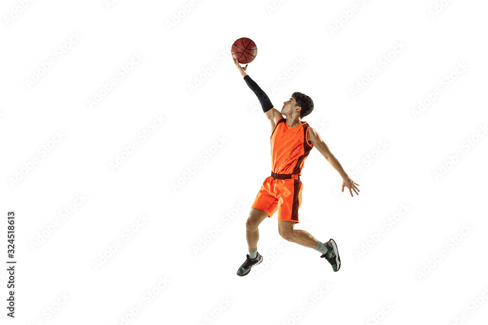 Young basketball player of team wearing sportwear training, practicing in action, motion in jump, flight isolated on white background. Concept of sport, movement, energy and dynamic, healthy lifestyle