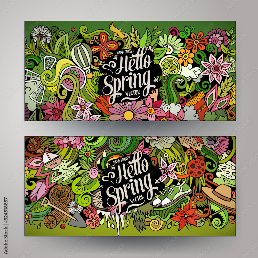 Cartoon cute colorful vector hand drawn doodles Spring season banners