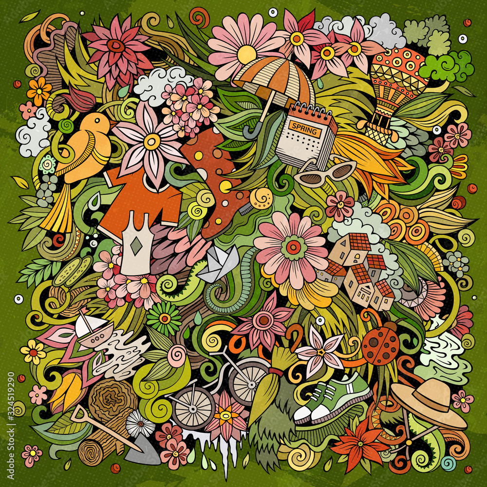 Spring hand drawn vector doodles illustration. Nature poster design. Spring hand drawn vector doodles illustration. Nature poster design.