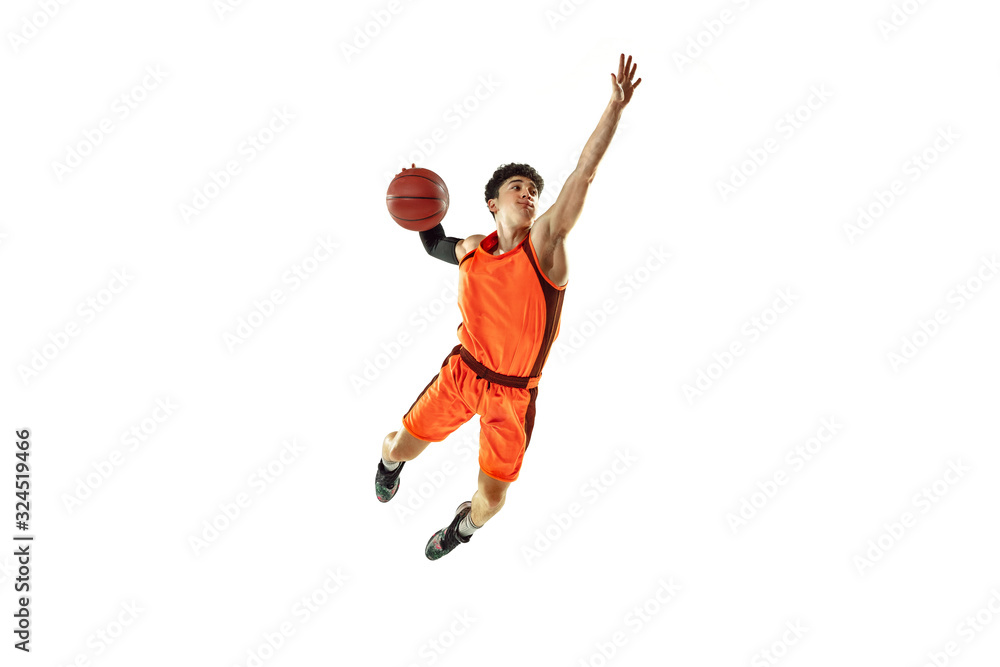Young basketball player of team wearing sportwear training, practicing in action, motion in jump, flight isolated on white background. Concept of sport, movement, energy and dynamic, healthy lifestyle Young basketball player of team wearing sportwear training, practicing in action, motion in jump, flight isolated on white background. Concept of sport, movement, energy and dynamic, healthy lifestyle