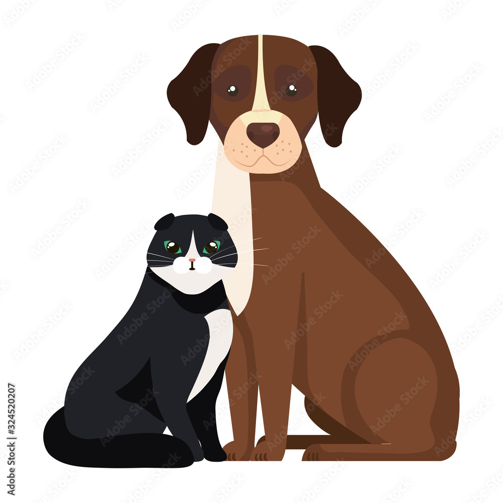 cute dog with cat black isolated icons vector illustration design
