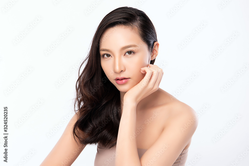 Portrait beautiful young asian woman clean fresh bare skin concept. Asian girl beauty face skincare and health wellness, Facial treatment, Perfect skin, Natural makeup, on white background,two Portrait beautiful young asian woman clean fresh bare skin concept. Asian girl beauty face skincare and health wellness, Facial treatment, Perfect skin, Natural makeup, on white background,two